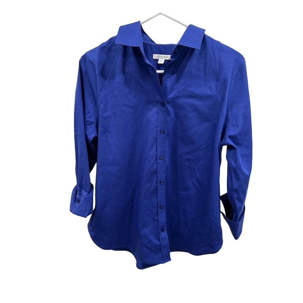 Chico's Women's 4‎ Blue Long Sleeve Button-Up Shirt Collared Top Blouse